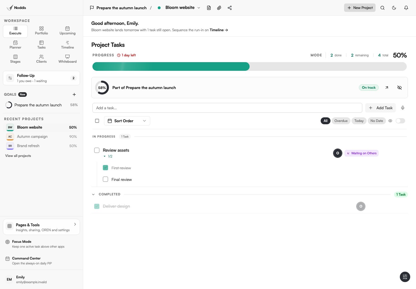 Execute shows the tasks and progress of one selected project. Sample data.