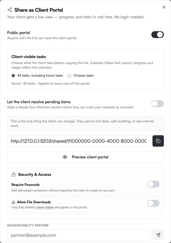 Choose which tasks clients can see before sharing the portal. Sample data.