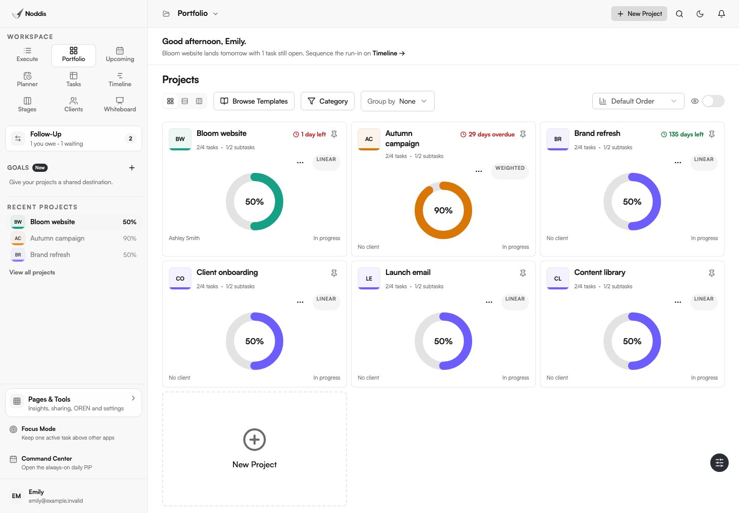 Portfolio compares client projects in one place. Sample data.